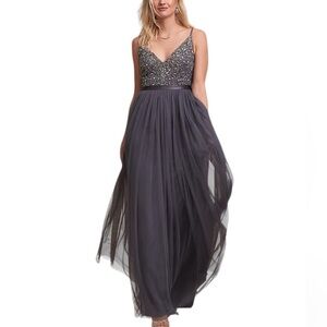 BHLDN- Charcoal Avery Sequin Thin Strap and Tulle Maxi Cocktail Dress